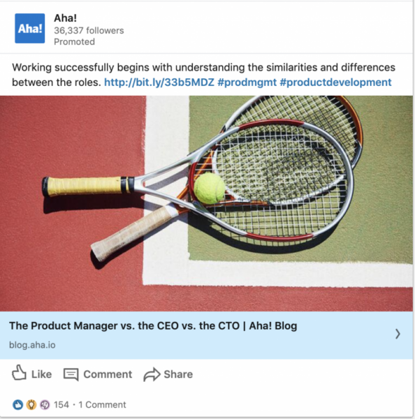 Aha Brand Leveraging LinkedIn Ad for Promoting Blog Titled: comparing Product Managers, CEOs, and CTOs