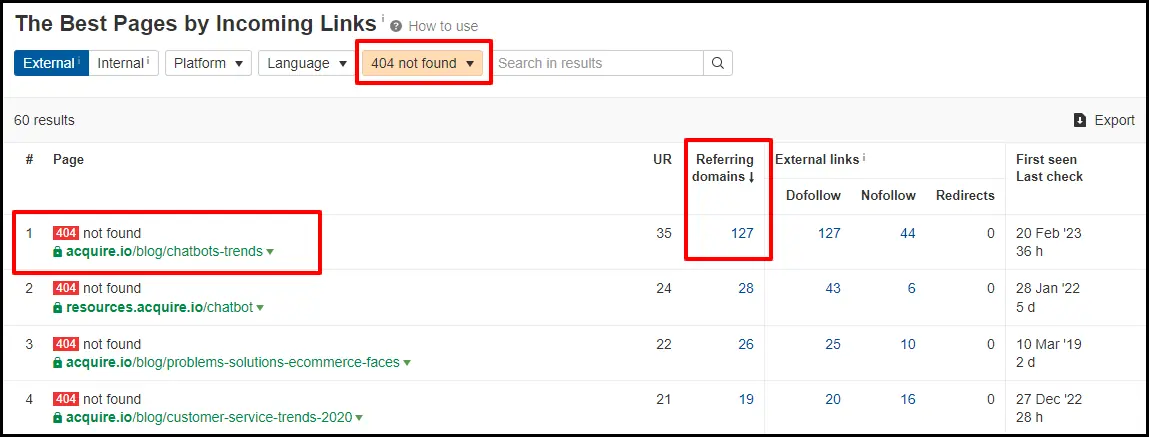 Broken Target Link From Acquire with 127 Referring Domains