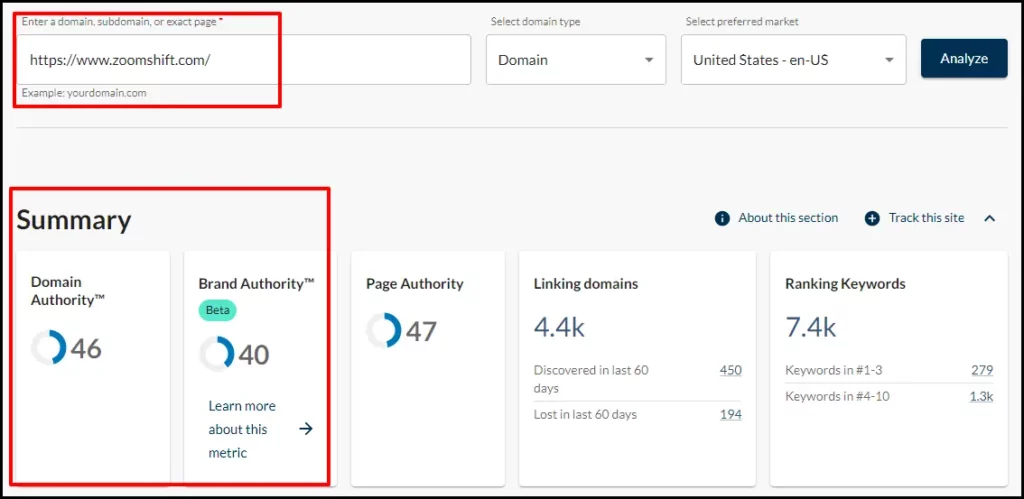 Domain Authority and Brand Authority Metrics of ZoomShift on Moz