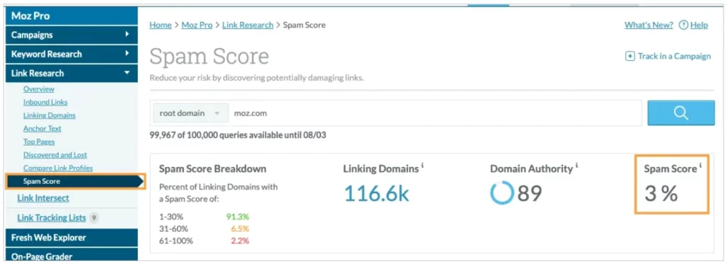 Moz's Spam Score within the Link Explorer Section