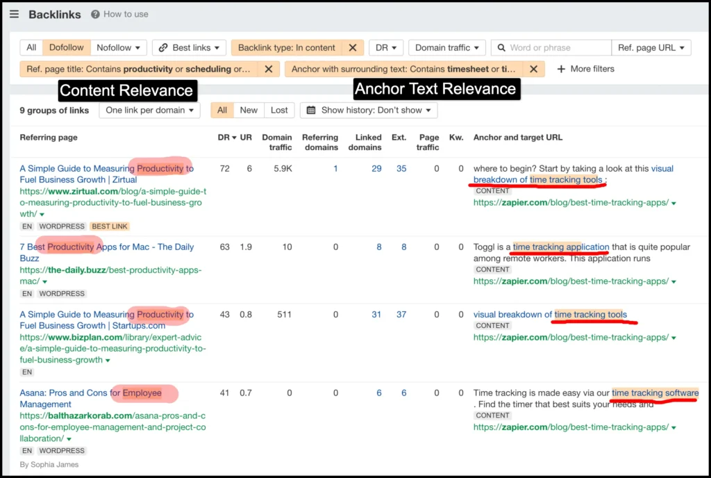Zapier niche backlinks showing content and anchor text relevance.