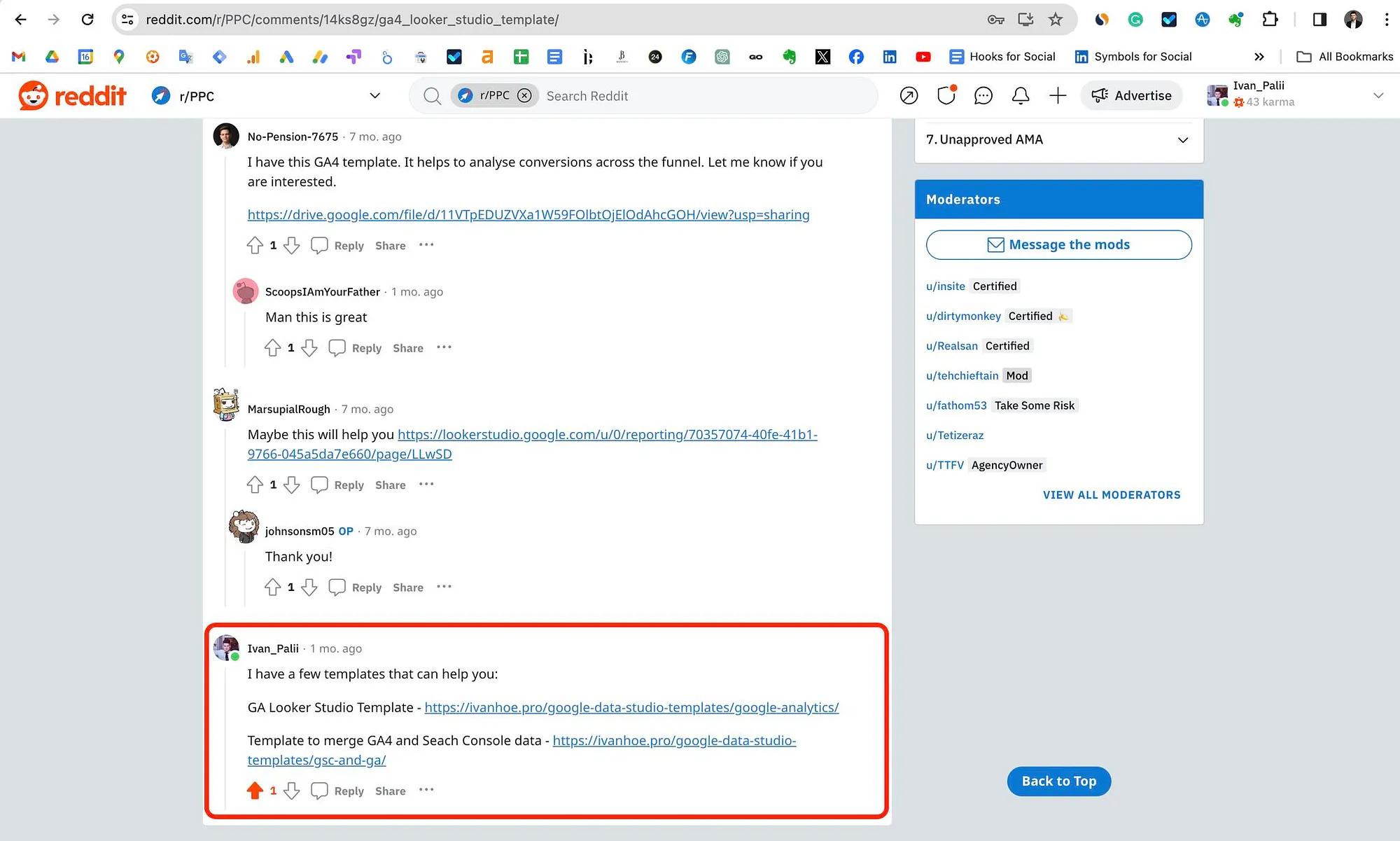 Reddit forum conversations about GA templates.