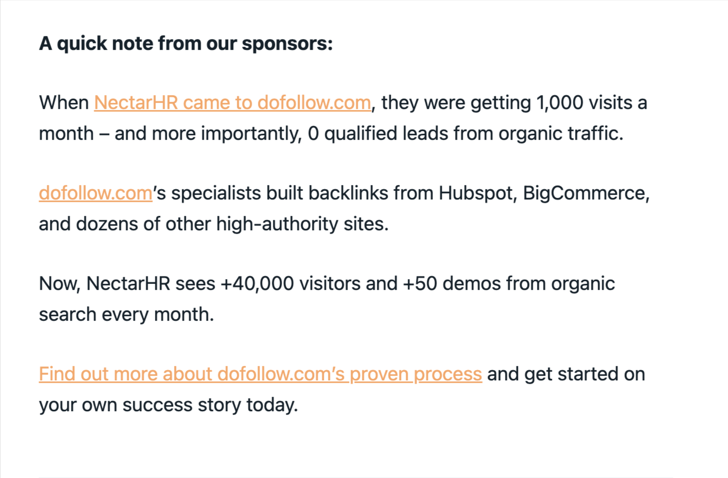 Newsletter Sponsorship example with Link Mention of dofollow.com