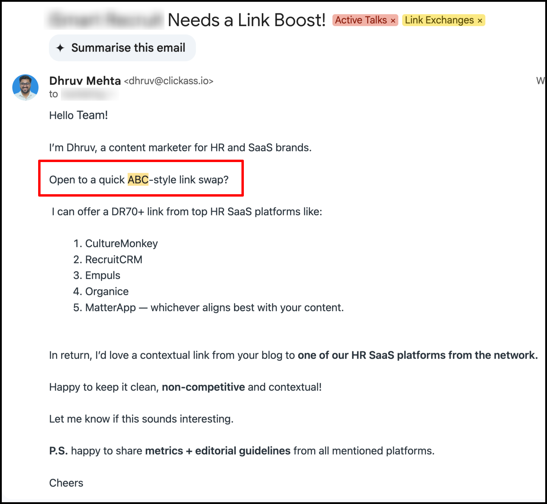 ABC link exchange email outreach