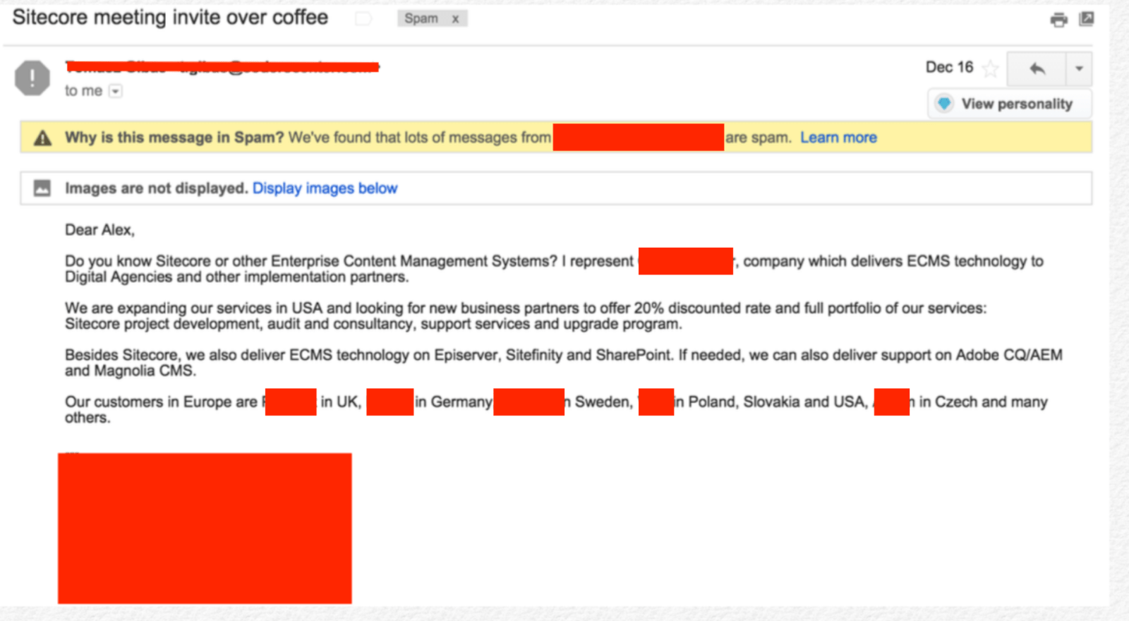 Outreach message cluttered with corporate language and no clear value proposition.