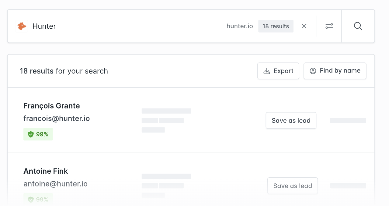 Hunter.io dashboard displaying extracted email contacts from targeted domains 