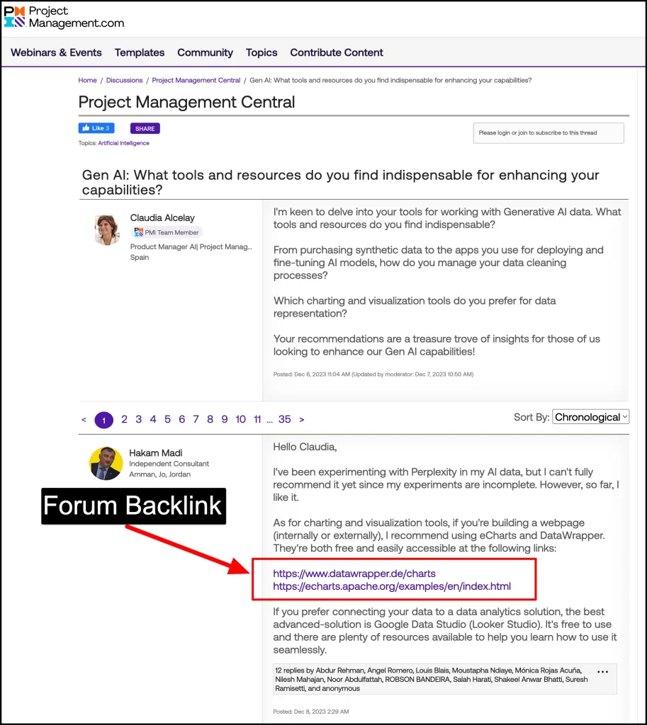 Forum backlink example in a niche project management discussion thread