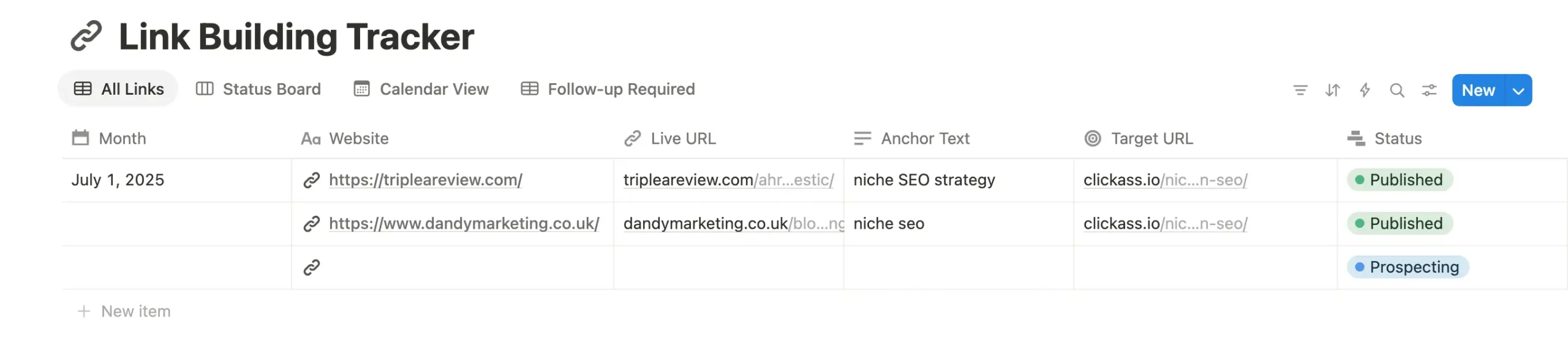 Backlink Tracking Dashboard from Clickass